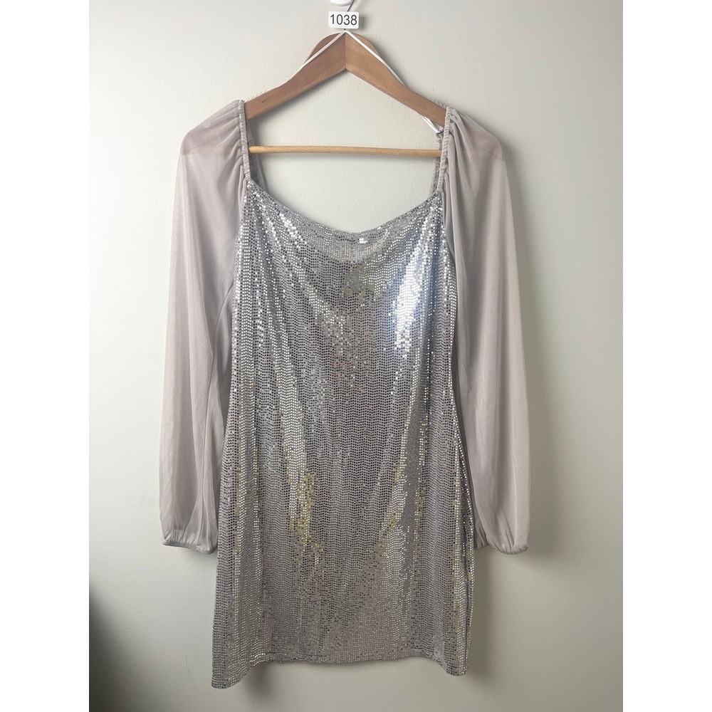 2/$30 NWT Bebe Taupe Silver Sequin Sheer Long Sleeve Mini Party Dress M